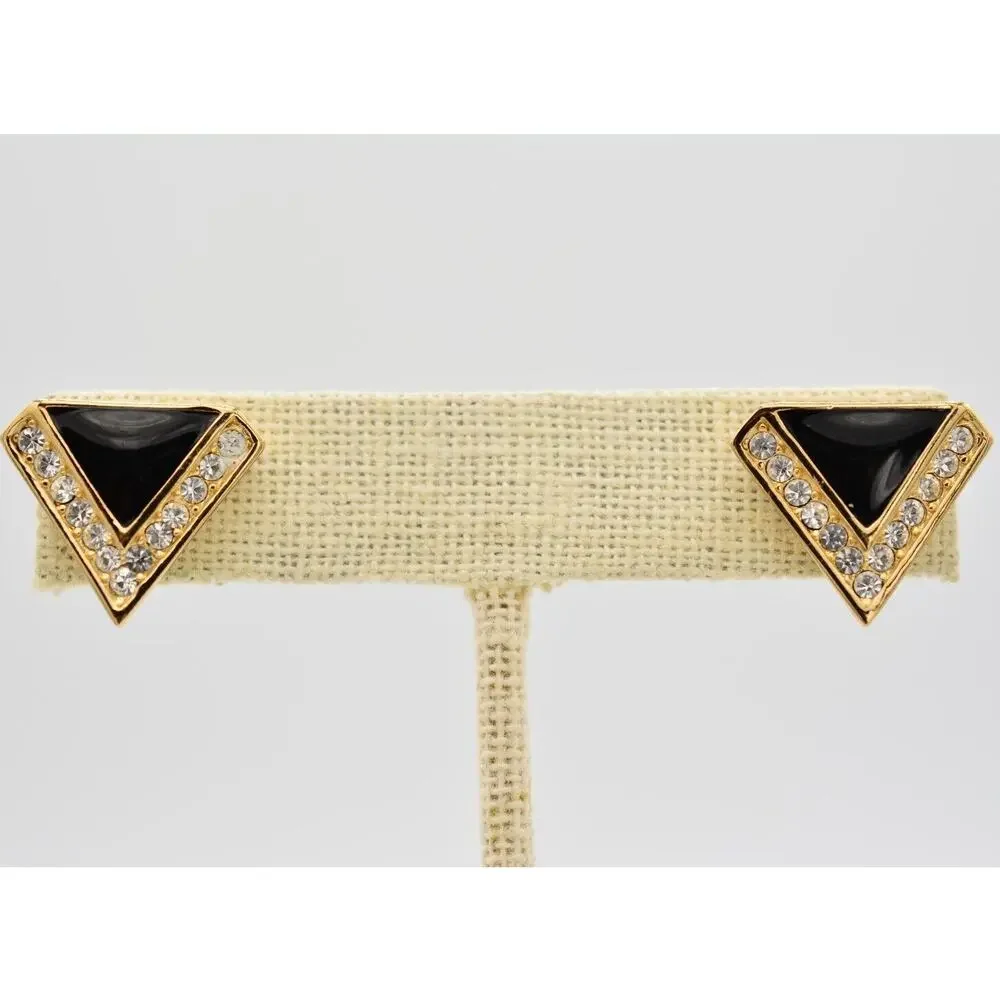 Vintage Triangle Earrings Black Enamel Pave Rhinestone Crystal Stud Gold 80s 9L